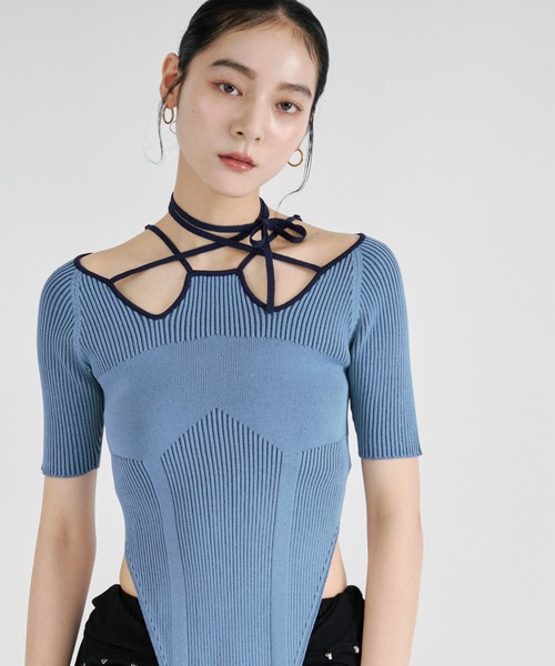 Ezick（エジック）の「2way design code neck　イレリブ配色トップス（ニット/セーター・レディース・パープル/ネイビー/ブラック/サックスブルー/ブラウン/ボルドー/ライトブルー・FREE）」の15枚目の写真