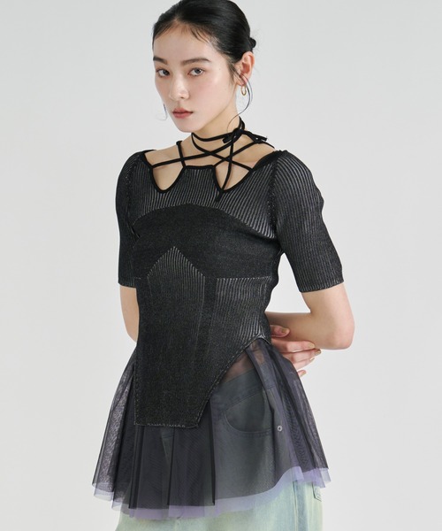Ezick（エジック）の「2way design code neck　イレリブ配色トップス（ニット/セーター・レディース・パープル/ネイビー/ブラック/サックスブルー/ブラウン/ボルドー/ライトブルー・FREE）」の19枚目の写真
