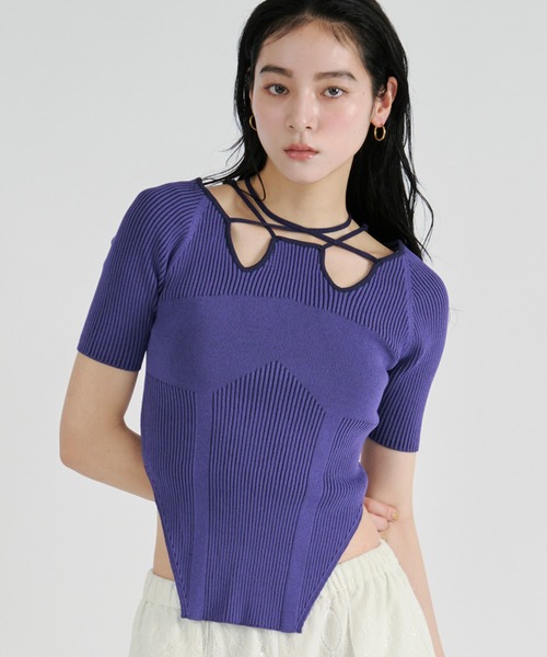 Ezick（エジック）の「2way design code neck　イレリブ配色トップス（ニット/セーター・レディース・パープル/ネイビー/ブラック/サックスブルー/ブラウン/ボルドー/ライトブルー・FREE）」の10枚目の写真