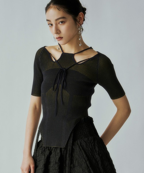 Ezick（エジック）の「2way design code neck　イレリブ配色トップス（ニット/セーター・レディース・パープル/ネイビー/ブラック/サックスブルー/ブラウン/ボルドー/ライトブルー・FREE）」の8枚目の写真