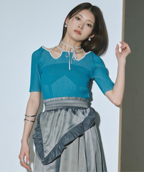 Drawer - シクラスアシンメトリーケープトップス　ネイビー THROW by SLY | 【THROW】LAYERED STAND HG トップス (ニット