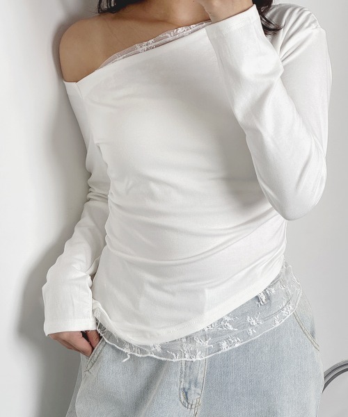 VIVID LADY（ビビッドレディー）の「レース レイヤード風 オフショルダー Tシャツ 長袖（Tシャツ/カットソー・レディース・アイボリー/ブラック/ライトブルー・FREE）」の22枚目の写真