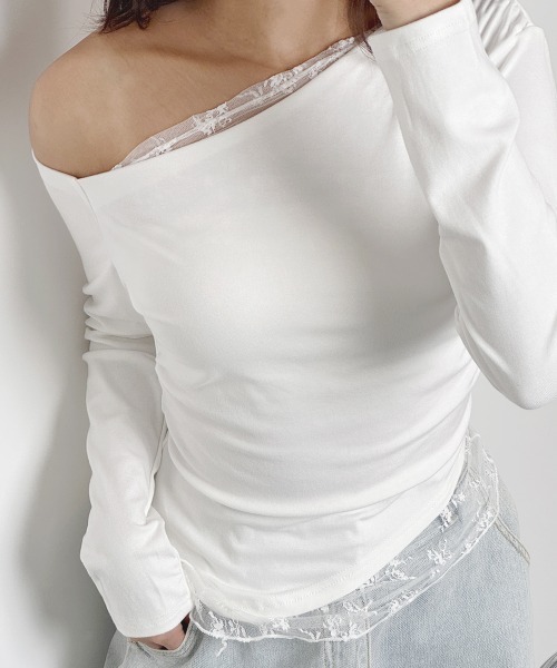 VIVID LADY（ビビッドレディー）の「レース レイヤード風 オフショルダー Tシャツ 長袖（Tシャツ/カットソー・レディース・アイボリー/ブラック/ライトブルー・FREE）」の21枚目の写真