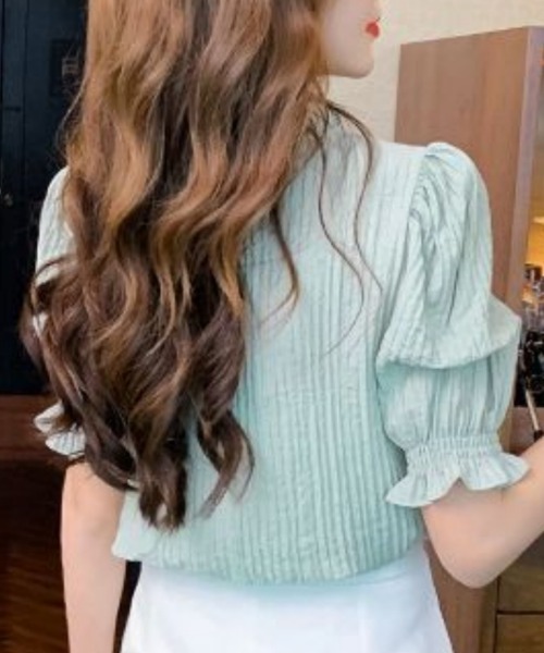 BLANC FICELLE（ブランフィセル）の「シャーリング　半袖　シャツ（シャツ/ブラウス・レディース・ホワイト/ミント・S/M/L）」の4枚目の写真