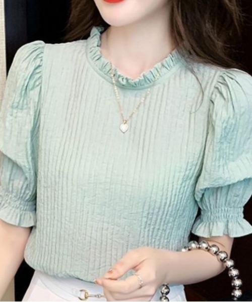 BLANC FICELLE（ブランフィセル）の「シャーリング　半袖　シャツ（シャツ/ブラウス・レディース・ホワイト/ミント・S/M/L）」の15枚目の写真