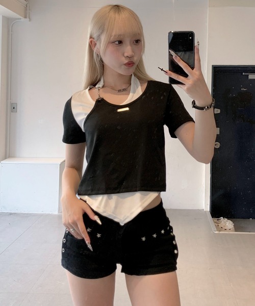 lilful（リルフル）の「★お気に入り数2万人突破！/累計販売点数6,000点！★【スタイル盛れ確定！】アソートスタッズ付き サイドアイレット ハイウエストデザイン デニムショートパンツ（デニムパンツ・レディース・ブラック/ホワイト/ブルー/ブルー系その他・M/S/L）」の20枚目の写真