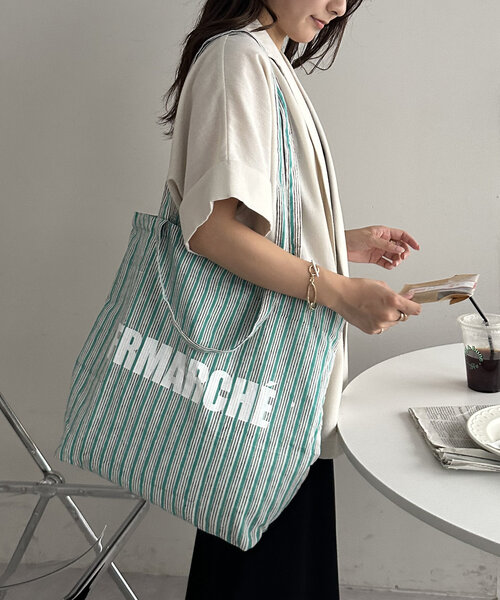 DISCOAT（ディスコート）の「【ふるりマルシェ】ブロックプリントストライプトートバッグ（トートバッグ・レディース・ブルー/イエロー/ピンク/グリーン・FREE）」の2枚目の写真