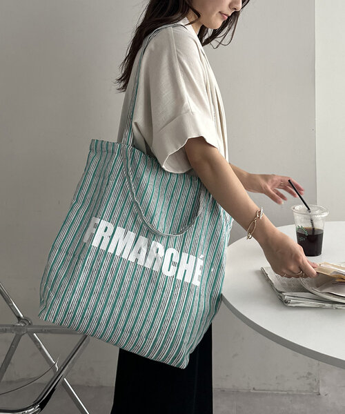 DISCOAT（ディスコート）の「【ふるりマルシェ】ブロックプリントストライプトートバッグ（トートバッグ・レディース・ブルー/イエロー/ピンク/グリーン・FREE）」の5枚目の写真