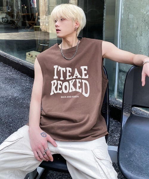 韓国 ストリート Tシャツ ロゴ プリント セール】オーバーサイズ タンクトップ メンズ / ロゴプリント