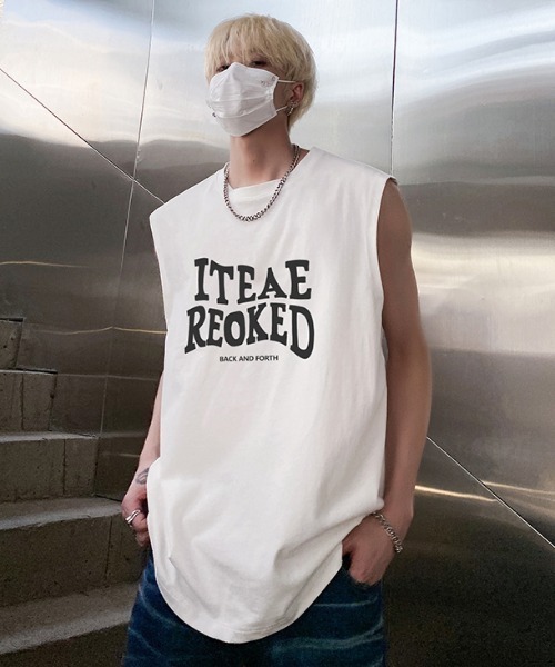 韓国 ストリート Tシャツ ロゴ プリント セール】オーバーサイズ タンクトップ メンズ / ロゴプリント