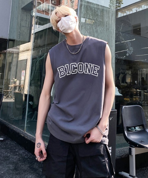 韓国 ストリート Tシャツ ロゴ プリント tシャツ オーバーサイズ タンクトップ メンズ / ロゴプリント