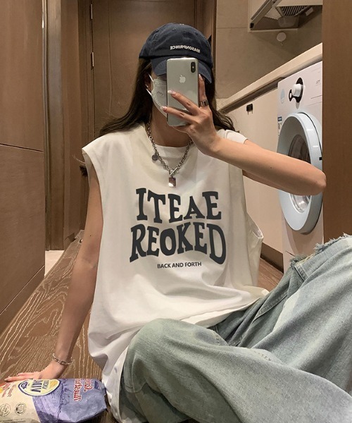 フロントボタン ホワイト 上品 ストリート メンズ 韓国 セール】オーバーサイズ タンクトップ メンズ / ロゴプリント