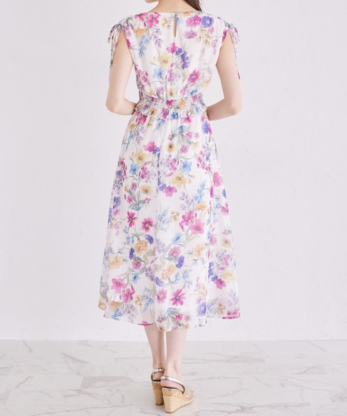 肩ドロストリボン付きフラワープリントウエストシャーリングワンピース　PINK トッコクローゼット tocco closet 肩ドロストリボン付きフラワー