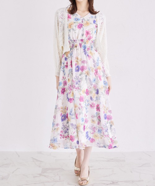 肩ドロストリボン付きフラワープリントウエストシャーリングワンピース　PINK トッコクローゼット tocco closet 肩ドロストリボン付きフラワー