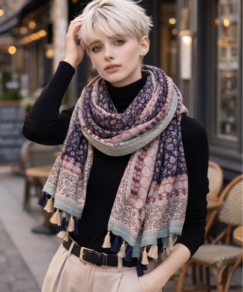 NOLITA LABORATORY(ノリータラボラトリー)の「【 NOLITA / ノリータ 】花柄 ボヘミアン タッセル ストール スカーフ ショール 大判ストール レディース 薄手 総柄 フリンジ付き ショール マフラー(ストール/ショール・レディース・ブルー/ローズ/グレー/イエロー/ブラック・FREE)」の1枚目の写真