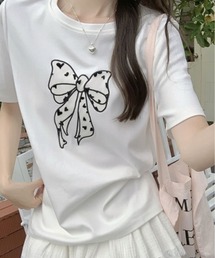 リボン 刺繍 デザイン Tシャツ