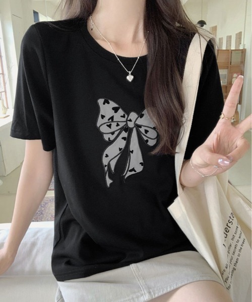 kirakiraShop(キラキラショップ)の「リボン 刺繍 デザイン Tシャツ(Tシャツ/カットソー・レディース・ブラック/グレー/ホワイト・FREE)」の7枚目の写真
