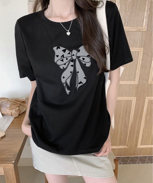 kirakiraShop(キラキラショップ)の「リボン 刺繍 デザイン Tシャツ(Tシャツ/カットソー・レディース・ブラック/グレー/ホワイト・FREE)」の8枚目の写真