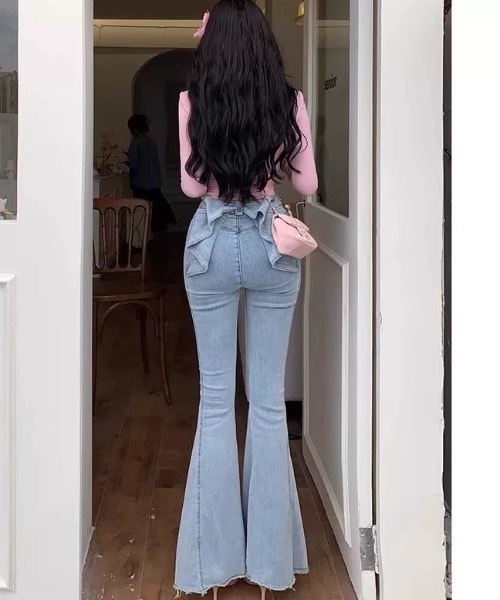 バックリボンフレアパンツ セール】バックリボンフレアデニムパンツ（デニムパンツ