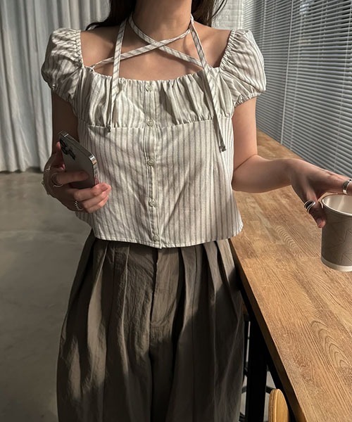 セール】stripe gather puff sleeve BL（シャツ/ブラウス