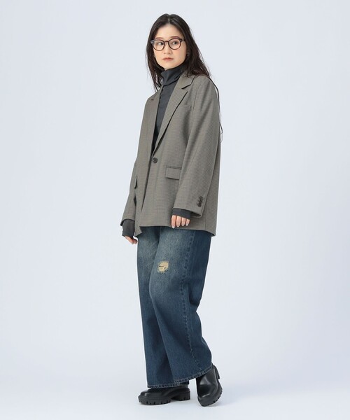 完売BEAMS BOY テーラードジャケット 　チェック ビッグ ジャケット美品 BEAMS BOY（ビームス ボーイ）ストライプ チェック ビッグ