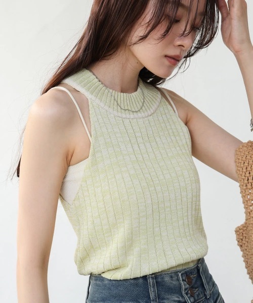 Bab（バブ）の「アメスリニットトップス（タンクトップ・レディース・チャコールグレー/ベージュ/グリーン・FREE）」の3枚目の写真