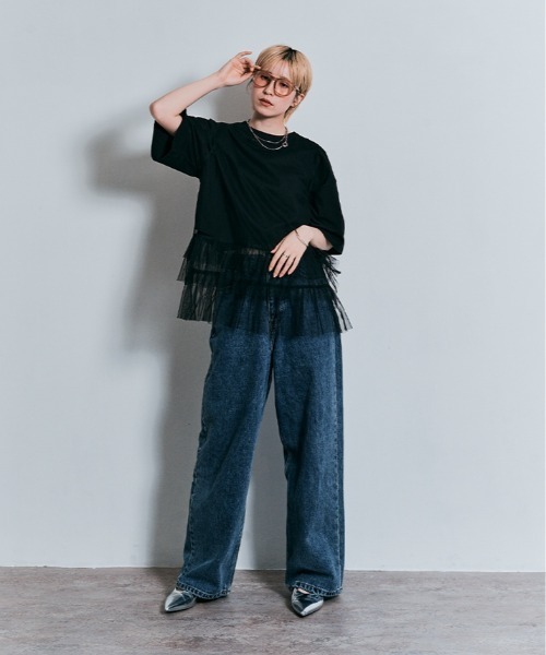 W:Huku(フーク)の「ソフトチュール ティアード ペプラム シアー トップス / ノースリーブ 袖なし(タンクトップ・レディース・オフホワイト/ブラック・FREE)」の11枚目の写真