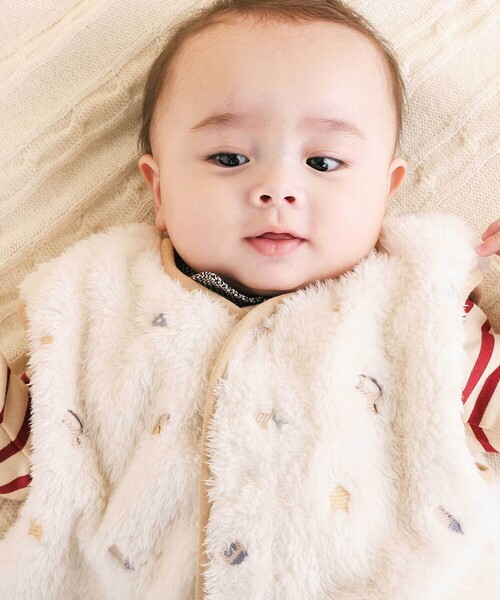 SLAP SLIP BABY(スラップスリップベビー)の「【お揃い】総柄刺しゅうもこもこボアスリーパーベビー(ベビーパジャマ/スリーパー・キッズ・ピンク/オフホワイト・FREE)」の3枚目の写真