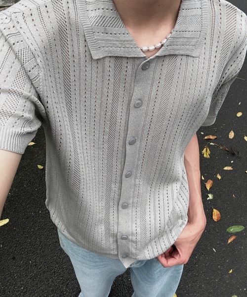 NOWLE(ノウル)の「【NOWLE】透かし編み サマーメッシュ ニット シャツ(シャツ/ブラウス・メンズ・グレー/オフホワイト/ブラック・MEDIUM/X-LARGE/LARGE)」の3枚目の写真