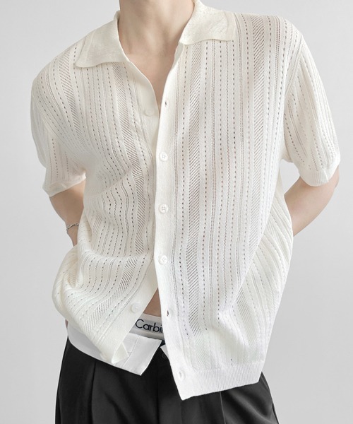 NOWLE(ノウル)の「【NOWLE】透かし編み サマーメッシュ ニット シャツ(シャツ/ブラウス・メンズ・グレー/オフホワイト/ブラック・MEDIUM/X-LARGE/LARGE)」の1枚目の写真