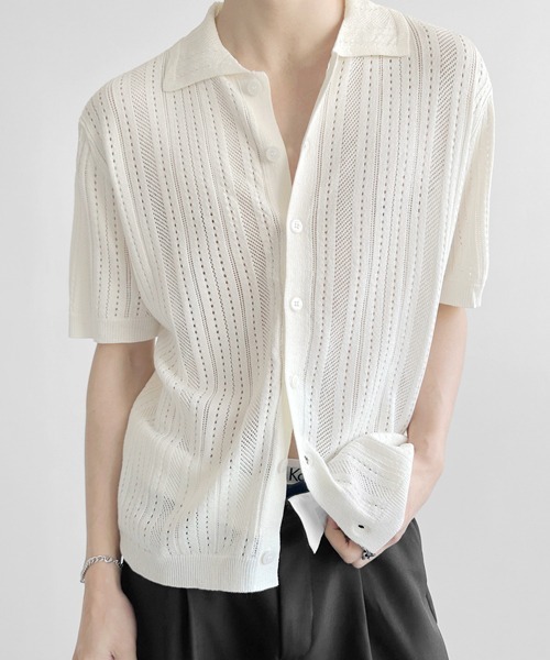 NOWLE(ノウル)の「【NOWLE】透かし編み サマーメッシュ ニット シャツ(シャツ/ブラウス・メンズ・グレー/オフホワイト/ブラック・MEDIUM/X-LARGE/LARGE)」の4枚目の写真