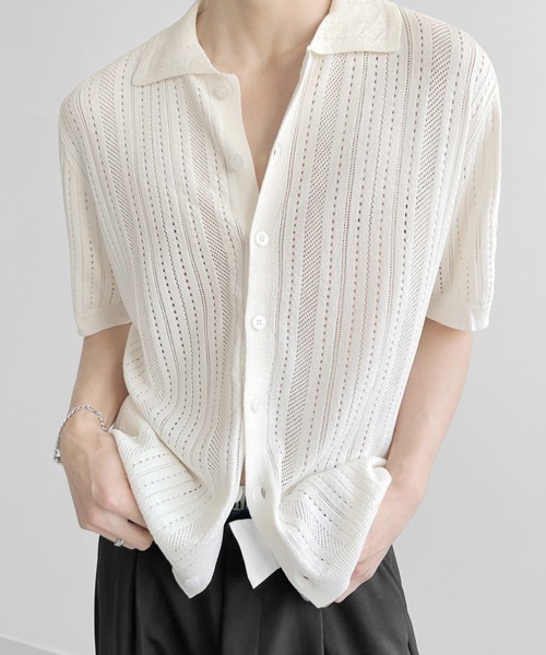 NOWLE(ノウル)の「【NOWLE】透かし編み サマーメッシュ ニット シャツ(シャツ/ブラウス・メンズ・グレー/オフホワイト/ブラック・MEDIUM/X-LARGE/LARGE)」の5枚目の写真