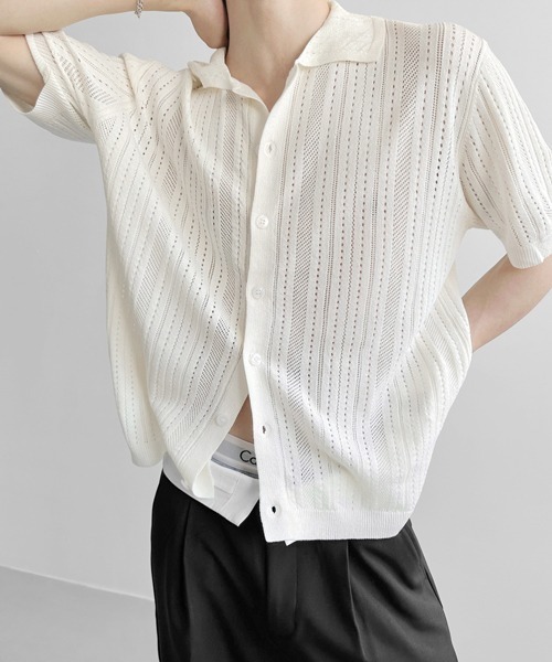 NOWLE(ノウル)の「【NOWLE】透かし編み サマーメッシュ ニット シャツ(シャツ/ブラウス・メンズ・グレー/オフホワイト/ブラック・MEDIUM/X-LARGE/LARGE)」の6枚目の写真