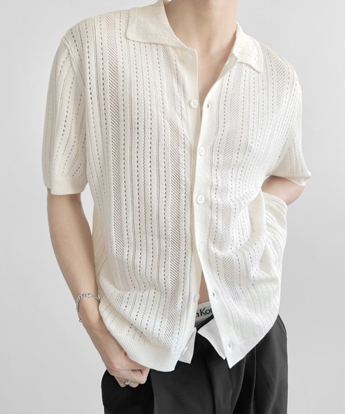 NOWLE(ノウル)の「【NOWLE】透かし編み サマーメッシュ ニット シャツ(シャツ/ブラウス・メンズ・グレー/オフホワイト/ブラック・MEDIUM/X-LARGE/LARGE)」の7枚目の写真