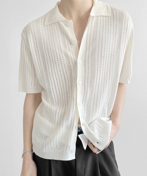 NOWLE(ノウル)の「【NOWLE】透かし編み サマーメッシュ ニット シャツ(シャツ/ブラウス・メンズ・グレー/オフホワイト/ブラック・MEDIUM/X-LARGE/LARGE)」の8枚目の写真