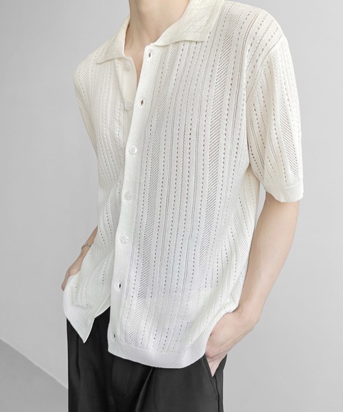 NOWLE(ノウル)の「【NOWLE】透かし編み サマーメッシュ ニット シャツ(シャツ/ブラウス・メンズ・グレー/オフホワイト/ブラック・MEDIUM/X-LARGE/LARGE)」の9枚目の写真