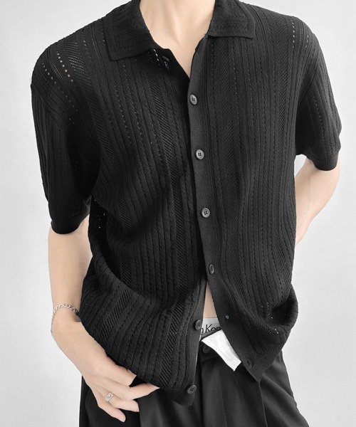 NOWLE(ノウル)の「【NOWLE】透かし編み サマーメッシュ ニット シャツ(シャツ/ブラウス・メンズ・グレー/オフホワイト/ブラック・MEDIUM/X-LARGE/LARGE)」の11枚目の写真