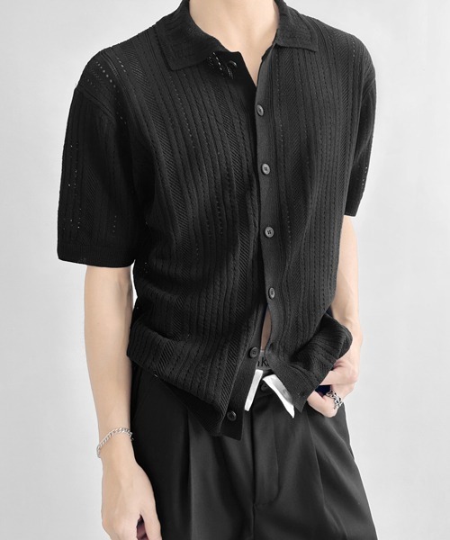 NOWLE(ノウル)の「【NOWLE】透かし編み サマーメッシュ ニット シャツ(シャツ/ブラウス・メンズ・グレー/オフホワイト/ブラック・MEDIUM/X-LARGE/LARGE)」の12枚目の写真