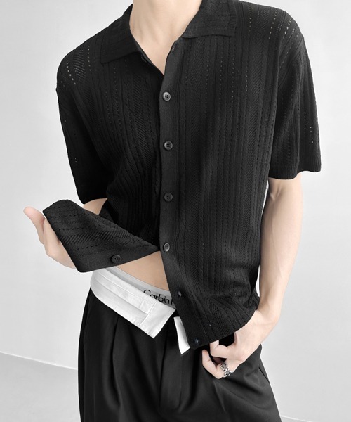 NOWLE(ノウル)の「【NOWLE】透かし編み サマーメッシュ ニット シャツ(シャツ/ブラウス・メンズ・グレー/オフホワイト/ブラック・MEDIUM/X-LARGE/LARGE)」の13枚目の写真
