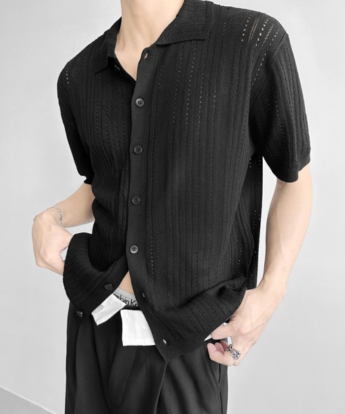 NOWLE(ノウル)の「【NOWLE】透かし編み サマーメッシュ ニット シャツ(シャツ/ブラウス・メンズ・グレー/オフホワイト/ブラック・MEDIUM/X-LARGE/LARGE)」の14枚目の写真