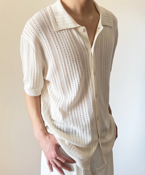 NOWLE(ノウル)の「【NOWLE】透かし編み サマーメッシュ ニット シャツ(シャツ/ブラウス・メンズ・グレー/オフホワイト/ブラック・MEDIUM/X-LARGE/LARGE)」の15枚目の写真