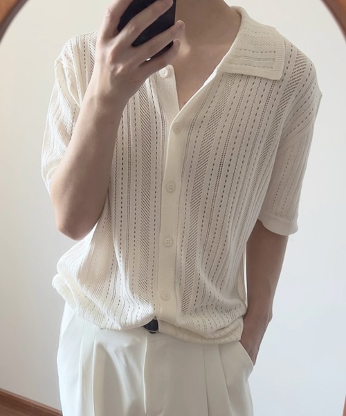 NOWLE(ノウル)の「【NOWLE】透かし編み サマーメッシュ ニット シャツ(シャツ/ブラウス・メンズ・グレー/オフホワイト/ブラック・MEDIUM/X-LARGE/LARGE)」の19枚目の写真