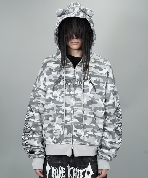 Lovekiller ラブキラークモの巣デザイン フード付きパーカー A'GEM/9 × .kom 『LOVE KILLER/ラブ キラー』CAMO LOGO CAT ZIP