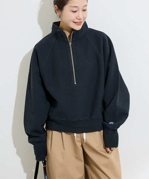 ꒰jouetie꒱Championコラボ ハーフジップショート丈長袖スウェット黒 Champion別注】ハーフZIPプルオーバー｜ジュエティ（jouetie