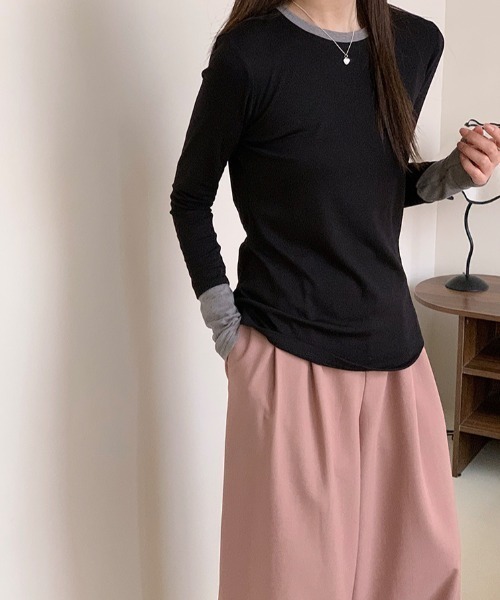 Vini(ヴィニ)の「≪コットン混≫ レイヤード風 ラウンドネック 袖配色 プルオーバー(Tシャツ/カットソー・レディース・グレー×サックスブルー/ブラック×グレー・FREE)」の12枚目の写真