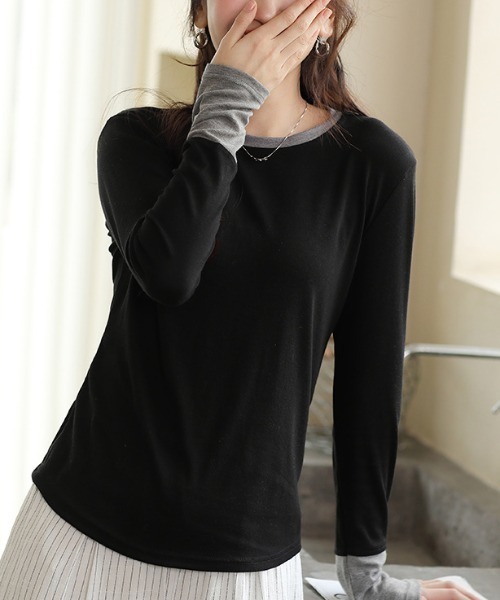 Vini(ヴィニ)の「≪コットン混≫ レイヤード風 ラウンドネック 袖配色 プルオーバー(Tシャツ/カットソー・レディース・グレー×サックスブルー/ブラック×グレー・FREE)」の18枚目の写真