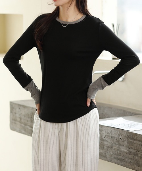 Vini(ヴィニ)の「≪コットン混≫ レイヤード風 ラウンドネック 袖配色 プルオーバー(Tシャツ/カットソー・レディース・グレー×サックスブルー/ブラック×グレー・FREE)」の20枚目の写真