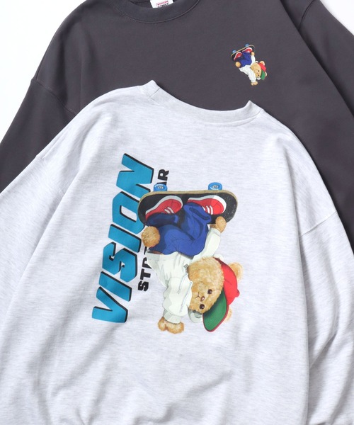VISION STREET WEAR（ヴィジョンストリートウェア）の「VISION STREET WEAR/ヴィジョンストリートウェア オーバーサイズ 裏毛 ゴースト袖プリント クマバックプリント ロゴ ワンポイント刺繍 スウェット トレーナー/レディース メンズ（スウェット・メンズ・オフホワイト/チャコールグレー/アッシュグレー/ワイン/グレー系その他/ブラック/ホワイト系その他/グレー系その他2/ブラック系その他・LL/M/L）」の2枚目の写真