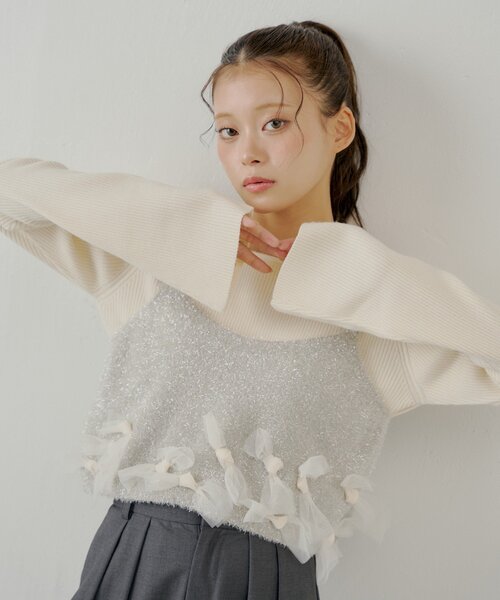 kotohayokozawa リブ編みフリル長袖ニット セール】レディース 長袖もちっと柔らかケーブル×リブ編み