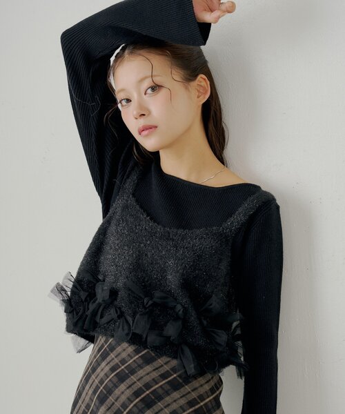 裾フリルキャミ+リブニットセット（ニット/セーター）｜Chico